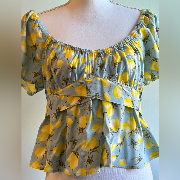 Derek Heart Pastel Blue with Lemon Print Off-The-Shoulder Blouse - Picture 1 of 9
